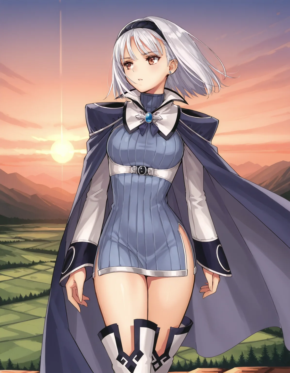 <lora:elwing-blanc-v2-illustrious-000060:1>
bl4ncn3ig3, red eyes, hairband, short hair, stud earrings, cape, side slit, ribbed shirt, turtleneck dress, thigh boots, white footwear
1girl, solo, sunset, landscape, looking to the side
masterpiece, best quality