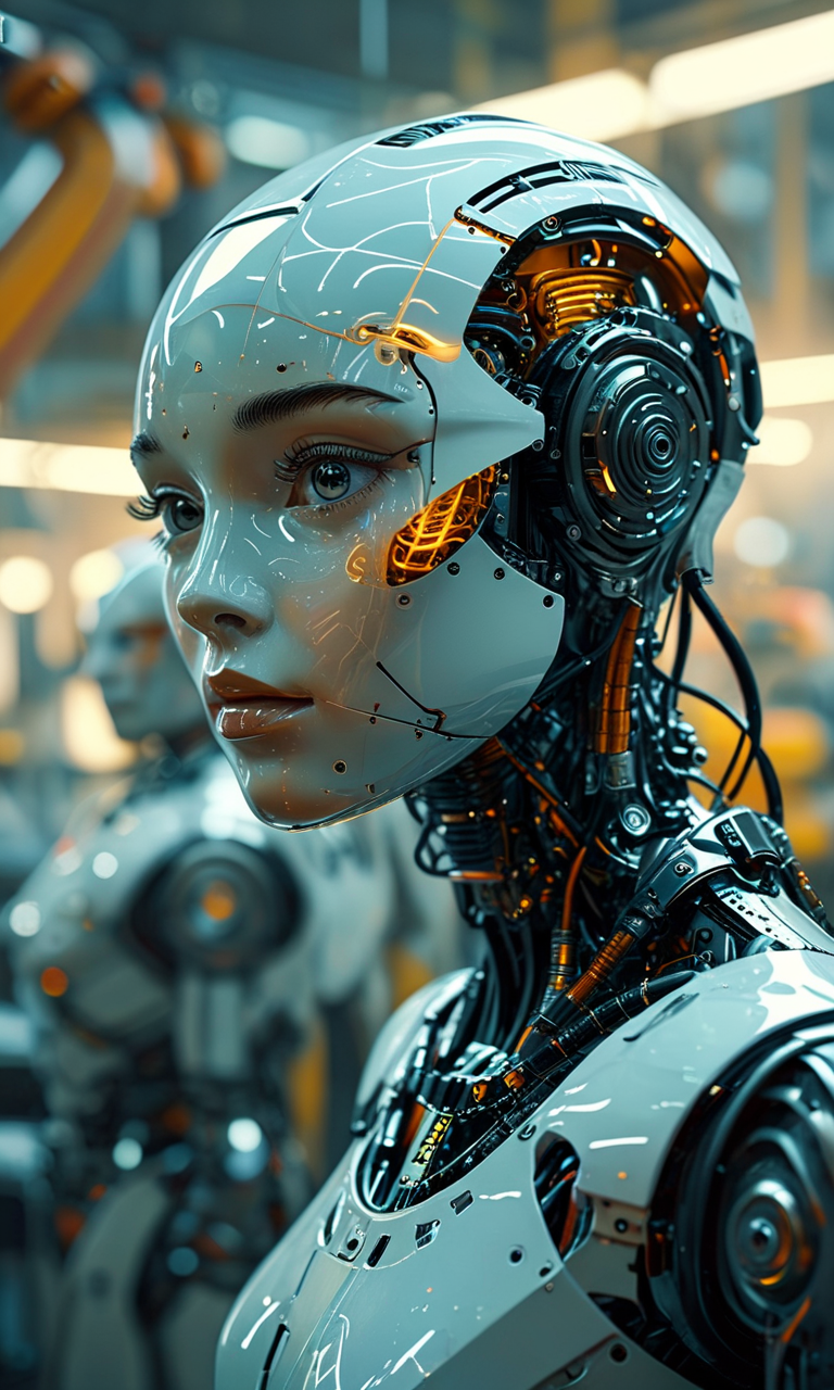 Ultramodern robot with human features, working on an assembly line in a high-tech factory, masterpiece, fantasy, digital art, highly detailed, overall detail, atmospheric lighting, Awash in a haze of light leaks reminiscent of film photography, awesome background, highly detailed styling, studio photo, intricate details, highly detailed, cinematic,  <lora:MJ52:0.7>