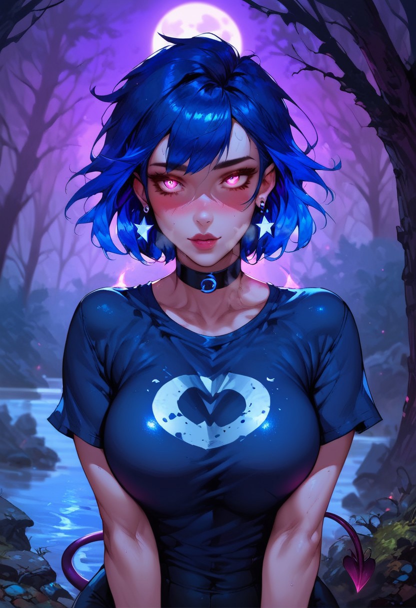 score_9, score_8_up, score_7_up, (((night time, pink lighting)), (dark forest), young woman, blues eyes, glowing eyes, pale skin, Vampire, detailed face, (seductive expression, heavy breathing, blushing, looking at viewer), Expressiveh, (blue star earrings), large breasts, (multi colored hair, streaked hair, dark blue hair, dark purple hair), (blue colored inner hair), short hair, messy hair, shiny skin, oily skin, detailed skin, bubble butt, large hips, sweaty body, ((succubus tail)), (standing), (black wrist bands, black leather choker, short black t-shirt, tight black pants), (moon, fog, trees, rocks, river), (depth of field, front view)