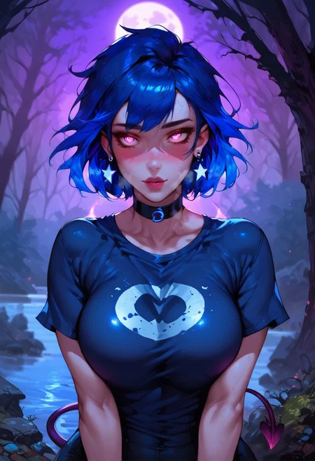score_9, score_8_up, score_7_up, (((night time, pink lighting)), (dark forest), young woman, blues eyes, glowing eyes, pale skin, Vampire, detailed face, (seductive expression, heavy breathing, blushing, looking at viewer), Expressiveh, (blue star earrings), large breasts, (multi colored hair, streaked hair, dark blue hair, dark purple hair), (blue colored inner hair), short hair, messy hair, shiny skin, oily skin, detailed skin, bubble butt, large hips, sweaty body, ((succubus tail)), (standing), (black wrist bands, black leather choker, short black t-shirt, tight black pants), (moon, fog, trees, rocks, river), (depth of field, front view)
