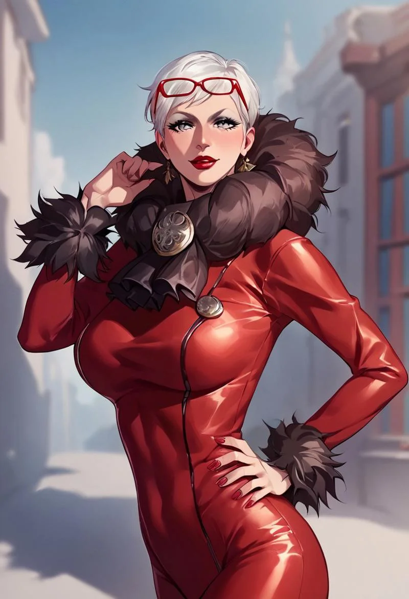 score_9, score_8_up, score_7_up, score_6_up, source_anime, game_cg BREAK JeanneBayo, 1girl, JeanneBayo, 1girl, red clothing, tight jumpsuit, silver hair, short hair, large breasts, red glasses on head, grey eyes, makeup, lipstick, black fur scarf, fantasy city background