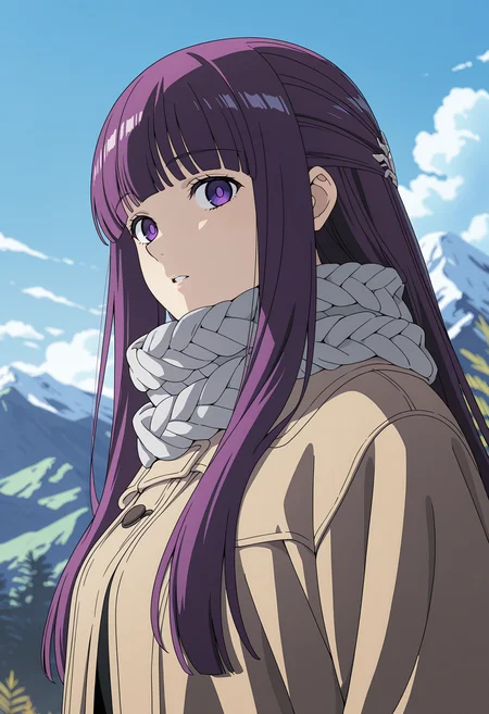 Fern,Fern,solo,scarf,outdoors,sky,looking at viewer,anime coloring,blunt bangs,cloud,upper body,day,blue sky,coat,sidelocks,blurry,parted lips,mountain,