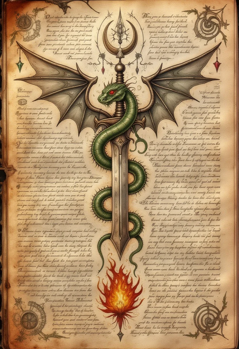 <lora:codex_arcanum_v20-360:1>, spllbkpg, On a tattered piece of parchment, an elaborate diagram showcases a winged serpent coiled around a burning sword. The serpentâs eyes are gemstones, and its scales shimmer with an iridescent quality. The swordâs blade is covered in intricate engravings, with flames depicted licking along its edge. At the top of the page, a crescent moon symbol hangs, and beneath it, swirling text appears as though it was written in haste. Other symbols scattered across the page include spiral formations and arcane runes, reminiscent of esoteric spellwork. The paper has visible water stains, suggesting its long history and use.