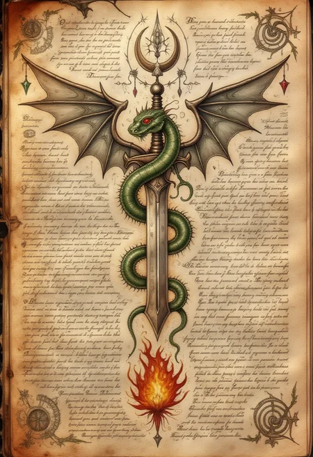 <lora:codex_arcanum_v20-360:1>, spllbkpg, On a tattered piece of parchment, an elaborate diagram showcases a winged serpent coiled around a burning sword. The serpentâs eyes are gemstones, and its scales shimmer with an iridescent quality. The swordâs blade is covered in intricate engravings, with flames depicted licking along its edge. At the top of the page, a crescent moon symbol hangs, and beneath it, swirling text appears as though it was written in haste. Other symbols scattered across the page include spiral formations and arcane runes, reminiscent of esoteric spellwork. The paper has visible water stains, suggesting its long history and use.