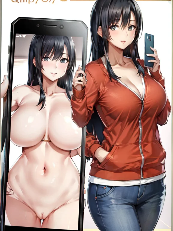 Photo_Comparison,best quality,big breasts,(mature female:1),black hair,long hair,phone, cellphone, smartphone, holding, Nude, Vaginal, Picture