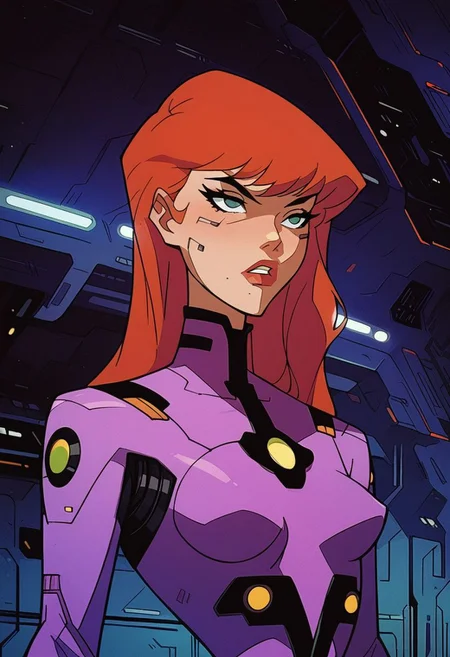 score_9, score_8_up, score_7_up, score_6_up, dcaustyle, 1girl, daphne blake, bodysuit, ginger hair, undercut, pointy breasts, spacecraft interior, 2d, knva, cyberpunk, akazutsumi momoko, wearing a red Starfleet uniform,