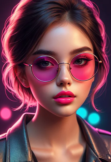 22 year old girl,
oversized round glasses.
shy appearance, big and
expressive eyes,
her lips pouty with a shine.
distinctive color palette dominated by neon tones,
subdued lighting casting soft shadows,
Hyperrealism,
digital painting
SunGlass