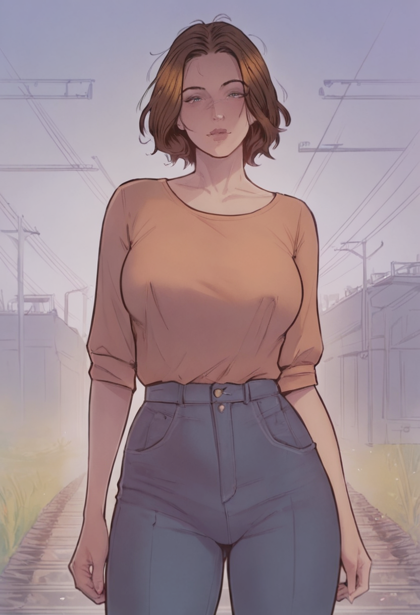 score_9, score_8_up, score_7_up, source_anime, 1girl, large_breasts, mature_female, solo, looking_at_viewer, open_eyes, Posing as if blowing bubbles, from_below, Cyan Jupon, medium hair, razor-cut, Chestnut Brown hair, railroad tracks, lower_body, rating_safe, <lora:pony\artist_styles\tendermindd_pony:1.0>