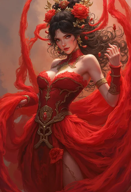 arafed woman in a red dress holding a sword and a red dress, by Huang Guangjian, cgsociety and fenghua zhong, olchas logan cure liang xing, style of feng zhu, by Yun-Fei Ji, heise-lian yan fang, concept art | feng zhu, by Wen Zhenheng,