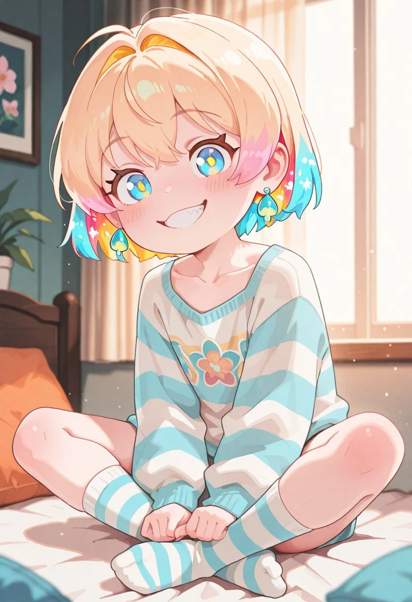 score_9, score_8_up, score_8, highly detailed, masterpiece, source_anime, cinematic light, hyper cute style, cinematic lighting, depth of field, volumetric lighting, highres, absurdres, realistic, highs details, intricate details, (hyperdetailed), high detail, best quality, very aesthetic BREAK 1girl, solo, earrings, smiling, blonde hair, jewelry, colorful hair, sitting, Indian style, socks, blue eyes, looking at viewer, striped sweater, striped socks, grinning, blushing, striped clothing, short hair, sweater, pink hair, tilting head, long sleeves, no shoes, simple floral pattern on background, knee-high socks, striped shirt, collarbone, blue hair, full body, shirt, two-tone hair, looking at viewer, V-shaped arms, Cute.