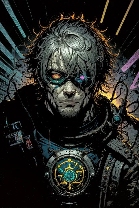 (masterpiece:1), (best quality:1), high contrast, strong shadows, outlines, <lora:graphicNovelStyle_v10:0.2>,
(1man, muscular adult male:1.2), jade eyes, gray hair, shaggy hair,
<lora:GoodHands-beta2:0.8>,
Style-GravityMagic, solo, upper body, (glowing eyes:1.1),looking up, detailed background, detailed face, (madmax theme:1.1), techno-shaman, trance-like expression, Introspective aura, wearing shamanic robes, goggles, , gadgets, tribal quantum markings, intertwining of ancient magic and engineering, digital vision quest, , cyber-trance, , bio-techno rituals, lit-up runes, cinematic atmosphere,