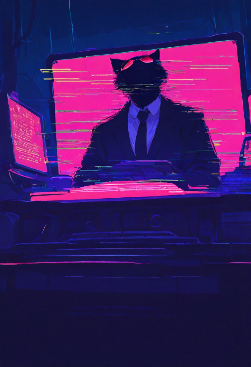 masterpiece, best quality, amazing quality, very aesthetic, absurdres, newest, anthropomorphic hacker cat, cat, wearing a sleek black suit and tie, futuristic sunglasses reflecting neon code, sitting cross-legged on the floor, typing on a glowing cyber-laptop, holographic interface surrounding the screen, glitching neon lines running across fur, deep cyberpunk colors, dark room illuminated by computer light, subtle motion blur, RGB shift effects, digital corruption artifacts in the air, moody and high-tech atmosphere
