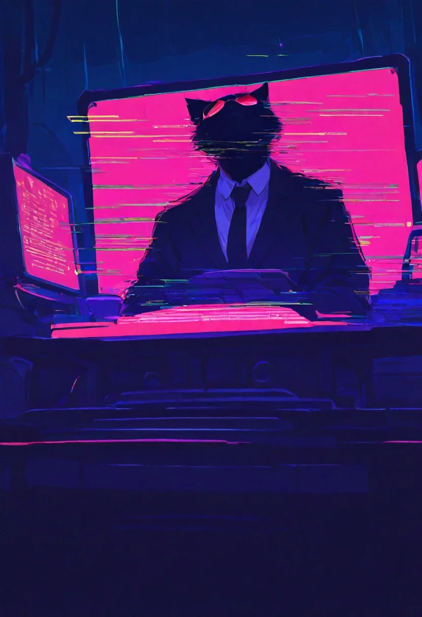 masterpiece, best quality, amazing quality, very aesthetic, absurdres, newest, anthropomorphic hacker cat, cat, wearing a sleek black suit and tie, futuristic sunglasses reflecting neon code, sitting cross-legged on the floor, typing on a glowing cyber-laptop, holographic interface surrounding the screen, glitching neon lines running across fur, deep cyberpunk colors, dark room illuminated by computer light, subtle motion blur, RGB shift effects, digital corruption artifacts in the air, moody and high-tech atmosphere