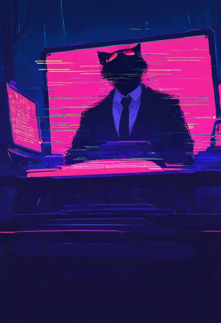 masterpiece, best quality, amazing quality, very aesthetic, absurdres, newest, anthropomorphic hacker cat, cat, wearing a sleek black suit and tie, futuristic sunglasses reflecting neon code, sitting cross-legged on the floor, typing on a glowing cyber-laptop, holographic interface surrounding the screen, glitching neon lines running across fur, deep cyberpunk colors, dark room illuminated by computer light, subtle motion blur, RGB shift effects, digital corruption artifacts in the air, moody and high-tech atmosphere