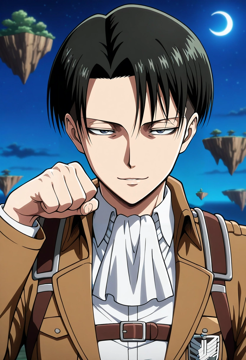 masterpiece, best quality, intricate details, anime screencap, , official style, , , 1boy, solo, male focus, <lora:levi_ackerman_ilxl:0.96>, levi_ackerman, black hair, black eyes, short hair, curtained hair, paradis military uniform, ascot, three-dimensional maneuver gear, close-up, floating island, night, crescent moon, paw pose, seductive smile,