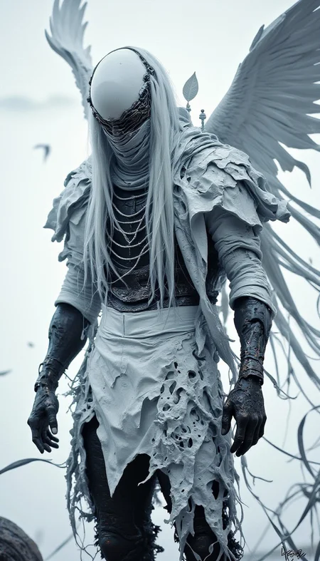 Recypu style, A digital illustration shoot from below about a mysterious figure with long, flowing hair and wings, standing in a misty landscape. the image is in black and white, with a moody atmosphere. in the middle of the image, a 1boy, who appears to be a male, is standing with his full body visible, wearing a torn, white, and black outfit. his long, white hair is blowing in the wind, and his face is obscured by a veil. his wings are spread out behind him, and he has a stern expression. his body is slim and muscular, with no clothing or accessories visible. he is wearing no pants or shoes. the background is a cloudy sky, and the overall mood is eerie and mysterious.