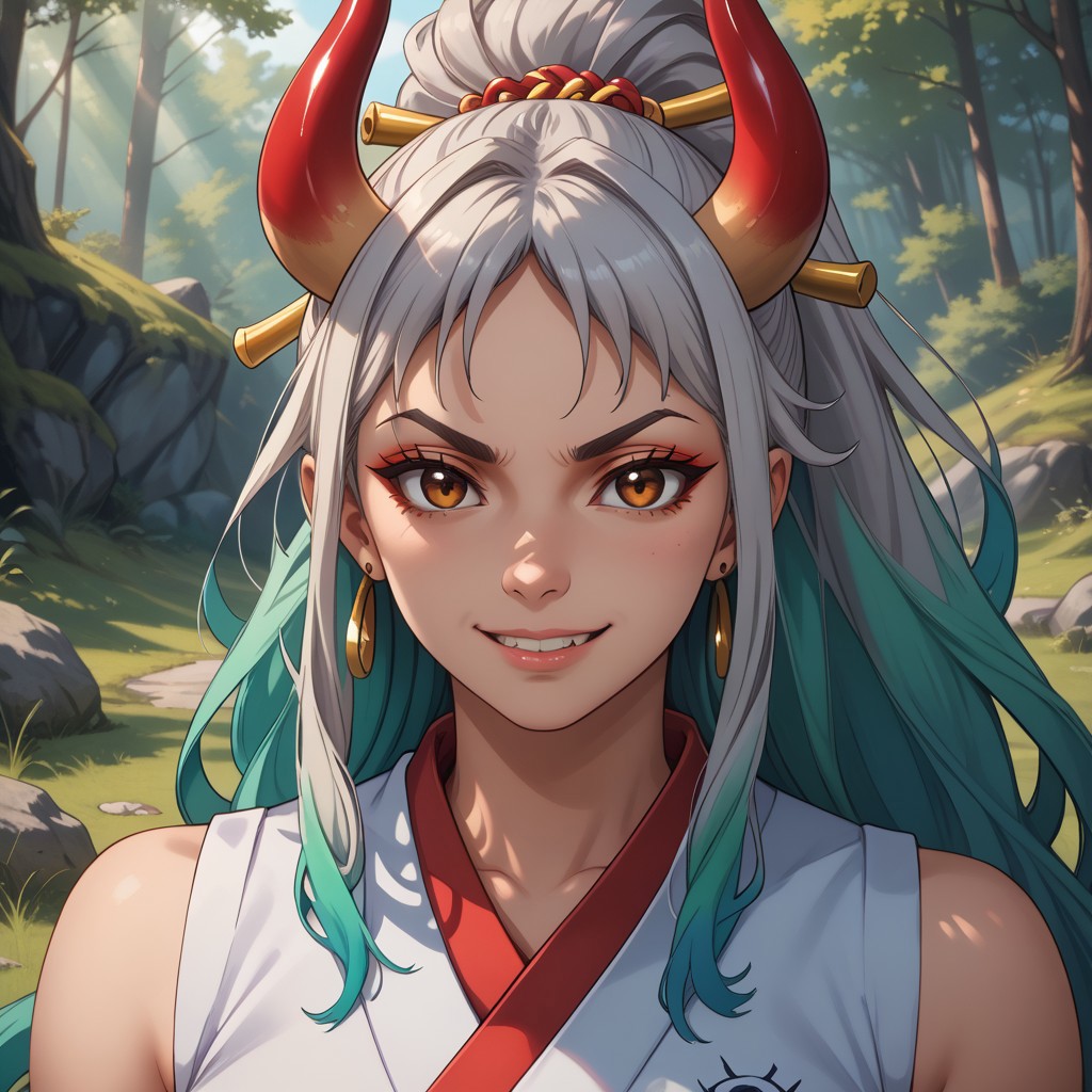 score_9, score_8, BREAK, solo, yamato, ahoge, aqua hair, brown eyes, earrings, grey hair, green hair, hair ornament, hair stick, high ponytail, long hair, multicolored hair, multicolored horns, oni, shimenawa, sidelocks, v-shaped eyebrows, very long hair, sexy pose, self portrait, smile, looking at viewer, outdoors, sunlight, shadows, evening lighting, natural lighting, forest, trees, grass, orange sky, sunset