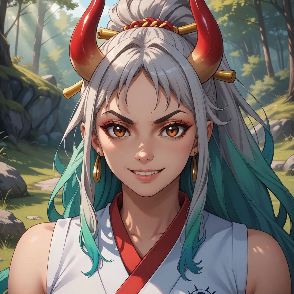 score_9, score_8, BREAK, solo, yamato, ahoge, aqua hair, brown eyes, earrings, grey hair, green hair, hair ornament, hair stick, high ponytail, long hair, multicolored hair, multicolored horns, oni, shimenawa, sidelocks, v-shaped eyebrows, very long hair, sexy pose, self portrait, smile, looking at viewer, outdoors, sunlight, shadows, evening lighting, natural lighting, forest, trees, grass, orange sky, sunset