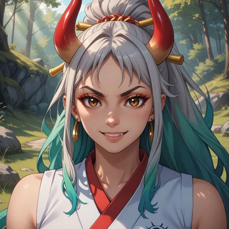 score_9, score_8, BREAK, solo, yamato, ahoge, aqua hair, brown eyes, earrings, grey hair, green hair, hair ornament, hair stick, high ponytail, long hair, multicolored hair, multicolored horns, oni, shimenawa, sidelocks, v-shaped eyebrows, very long hair, sexy pose, self portrait, smile, looking at viewer, outdoors, sunlight, shadows, evening lighting, natural lighting, forest, trees, grass, orange sky, sunset