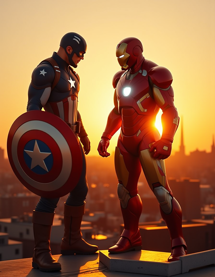 A double exposure photograph capturing a battle between Iron Man and Captain America. The image is shot in stunning 8K resolution with an absurd resolution of 12000 x 6000 pixels, resulting in ultra-sharp lines and highly detailed textures. The scene takes place on a rooftop during sunset, creating a cinematic atmosphere with warm hues and soft shadows. Iron Man stands confidently with his suit glowing in the low light conditions, while Captain America wields his shield with determination.