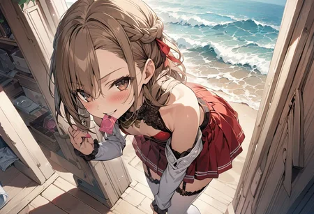 1girl, yuuki asuna, brown eyes, brown hair, long hair, bangs, braid, long sleeves, bare shoulders, pleated skirt, detached sleeves, red skirt, white stockings, garter straps, condom, condom_in_mouth, mouth_hold, skirt lifted by self, skirt lifted, posing to viewer, small breasts, at the beach, ocean, sand, blush, seductive smile, smirk, amazing shading, detailed Illustration, official artwork, wallpaper, extremely detailed face and eyes, (masterpiece, best quality:1.2),  full body view, Sensitive,  high-res, pose in the middle, portrait,