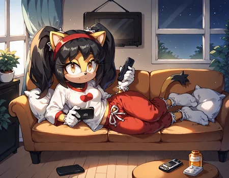 score_9, score_8_up, rating_safe, Sonic (series), solo, honey the cat, black hair, twintails, frilly hairbands, red hairband, short stack, laying on couch, holding remote, watching television, medium breasts, baggy pajama pants, oversized shirt, socks, living room, couch, window, night <lora:Smooth Anime 2 Style SDXL_LoRA_Pony Diffusion V6 XL:0.8> <lora:HoneySDXL:0.75>