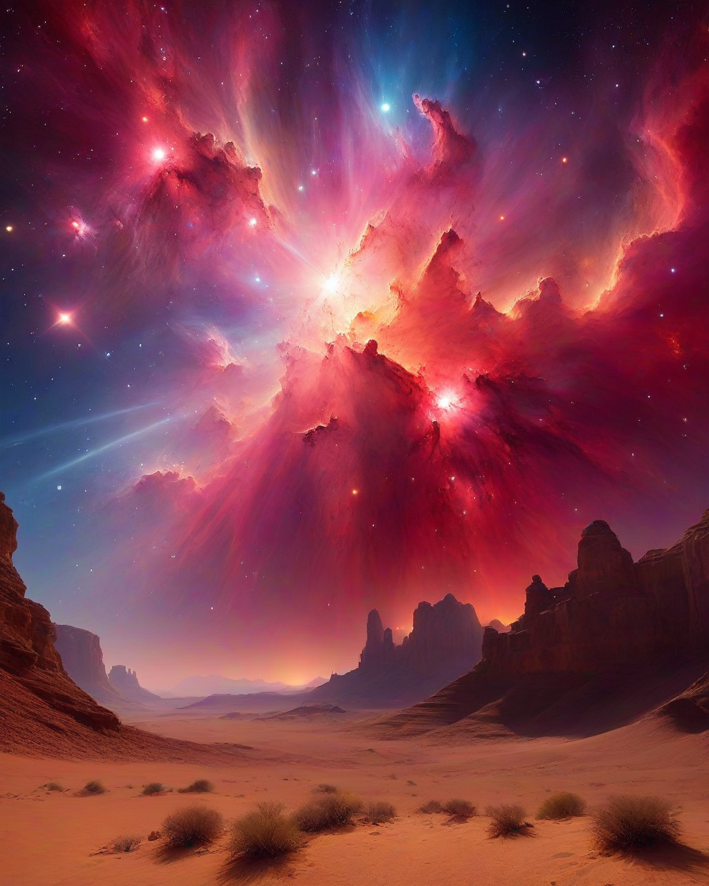 (Masterpiece, Best Quality, Highres:1.2), photoreal cinematic of a desert, background a distant emission red nebula, high fidelity, clarity, realistic, 4k, masterpiece