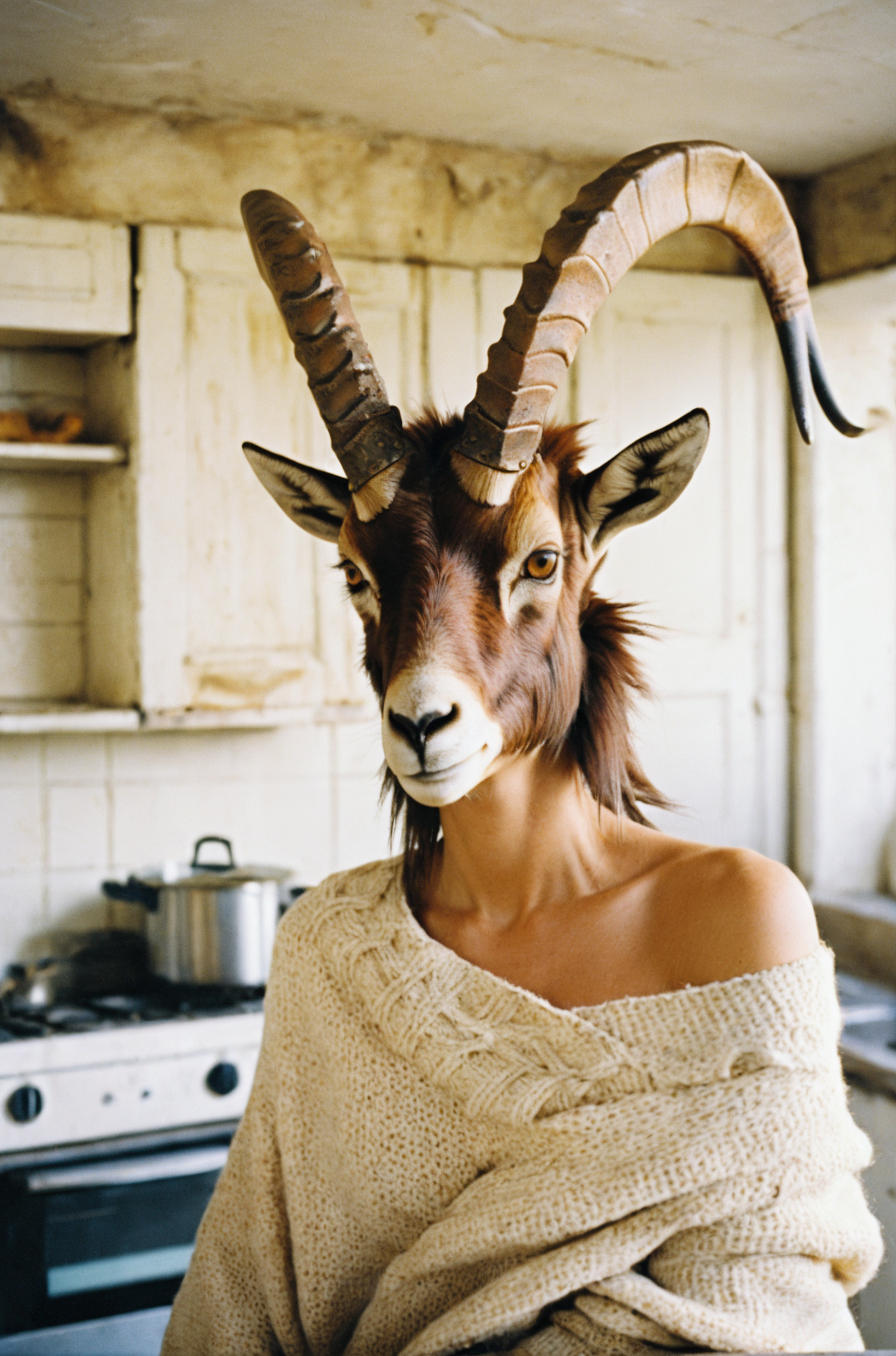 analog photography aesthetic,film grain texture, detailed closeup (to be defined),(ibex  wearing  crown),J.M.W. Turner,The Earthen Soul,spontaneous portraiture,on a post-apocalyptic kitchen,off-the-shoulder cream sweater loosely draped over her left shoulder