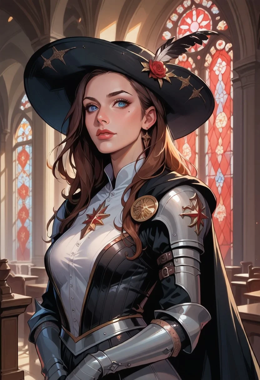 score_9, score_8_up, score_7_up, 8k, portrait, upper body, concept art twilight, vintage illustration,
1girl, solo, female, clothes, brown hair:1.3, ombre hair, long hair, dark-blue eyes, mole under eye, beautiful,
dynamic pose, medieval, heavy armor, leather armor, plate armor, black cape, feathered hat, large feather, large hat:1.4, wide-brimmed hat, inquisitor, inquisitor hat, red hat, in a cathedral, gothic stained glass windows, beautifully backlit, depth of field:1.5, indirect lighting:1.3, high contrast shadows, dramatic shadows across face:1.2, cinematic lighting on face, cowboy hat,