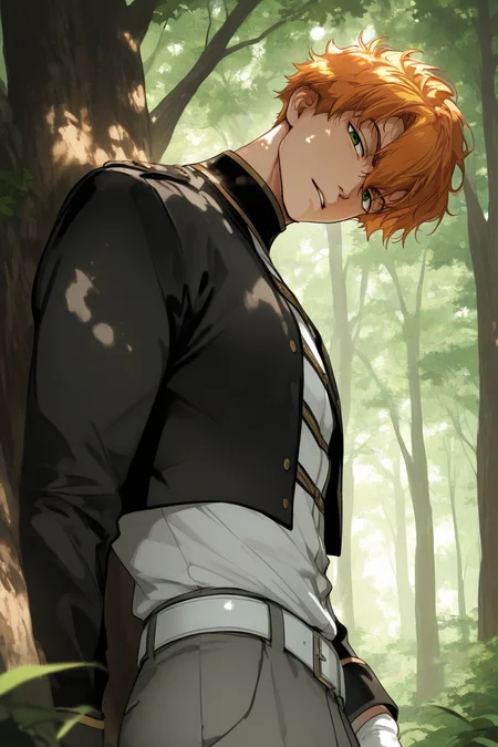 foreshortening, expressive cute face, solo, male solo, 1boy, JeremyVon, orange hair, green eyes, manly, looking at viewer, head tilt, parted lips, uniform, black cropped jacket, white long sleeve, white belt, grey pants, gloves, outdoors, forest, under a huge tree, from side, shadow, atmospheric perspective, intricately detailed, depth of field, masterpiece, best quality, amazing quality, very aesthetic, absurdres, newest, very awa,