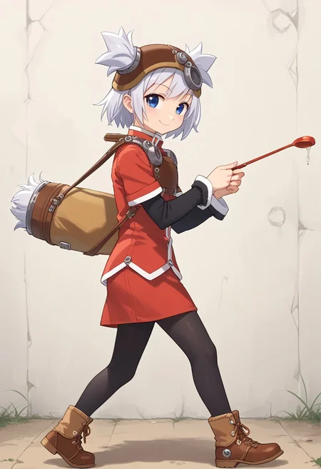 score_8, score_8_up, score_7_up, source_anime, anime screenshot BREAK 1girl, female focus, solo, pratty_scs, white hair, helmet, hair through headwear, two side up, bangs, sidelocks, short hair, blue eyes, Mandarin collar, red jacket, chest guard, red skirt, layered sleeves, short over long sleeves, sleeve cuffs, pantyhose, black pantyhose, ankle boots, brown footwear, holding ladle, ladle, full body, from side, alber_guard, smile, fighting stance