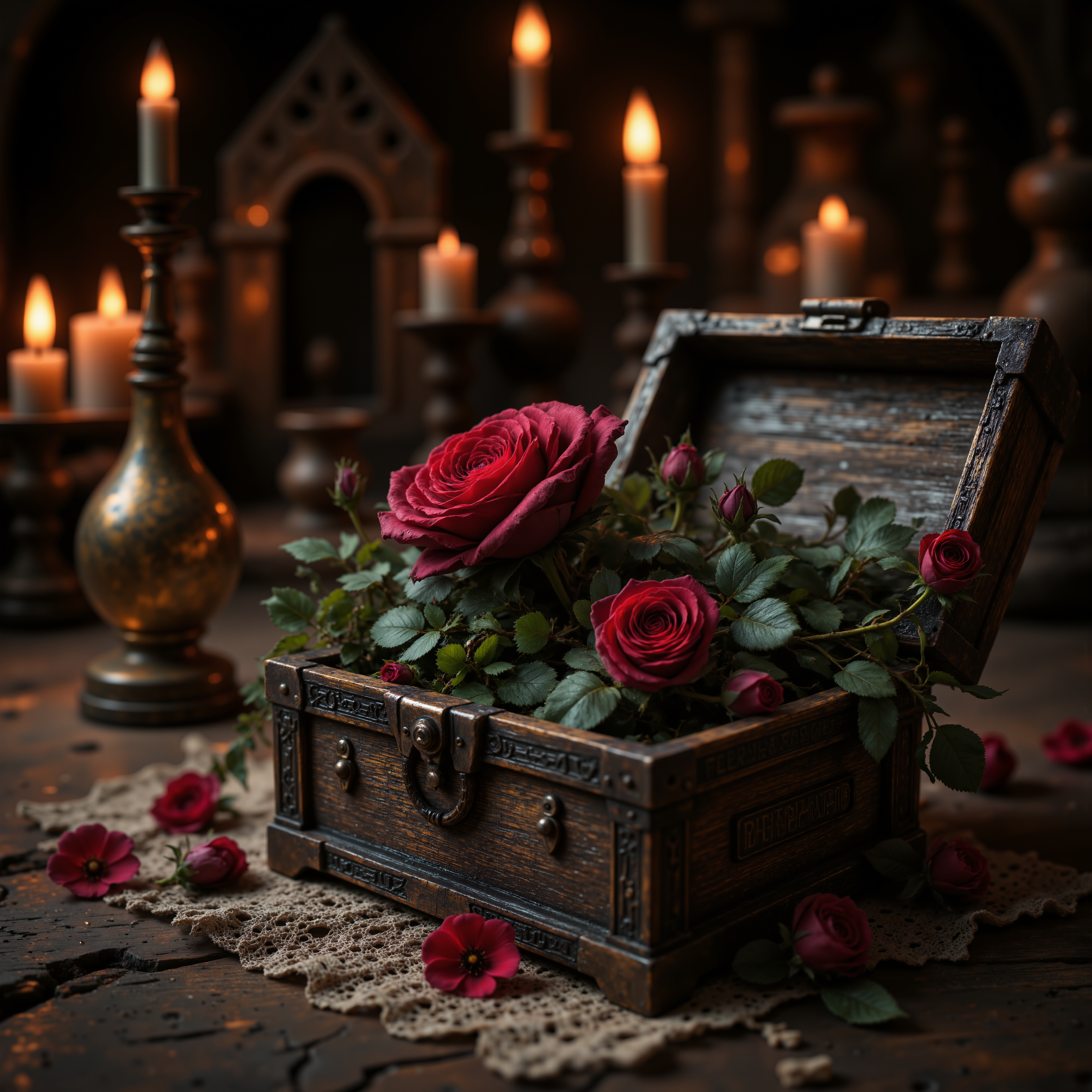 A beautiful dry rose hidden inside an opened medieval wooden ornated chest. The chest is placed on an table with laced cloth. Dimmed crimson light. Dark monastery dungeon with lit candles in background. role-playing game (RPG) style, fantasy, detailed, vibrant, immersive, reminiscent of high fantasy RPG games