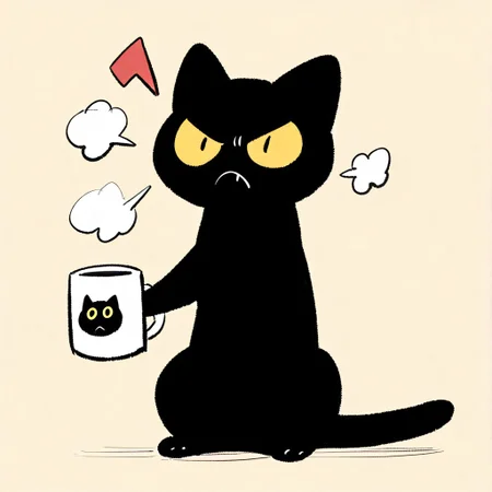 masterpiece, best quality, simple illustration, 1cat, full body, black cat, mad, frown, angry, standing, with a coffee mug on the hand