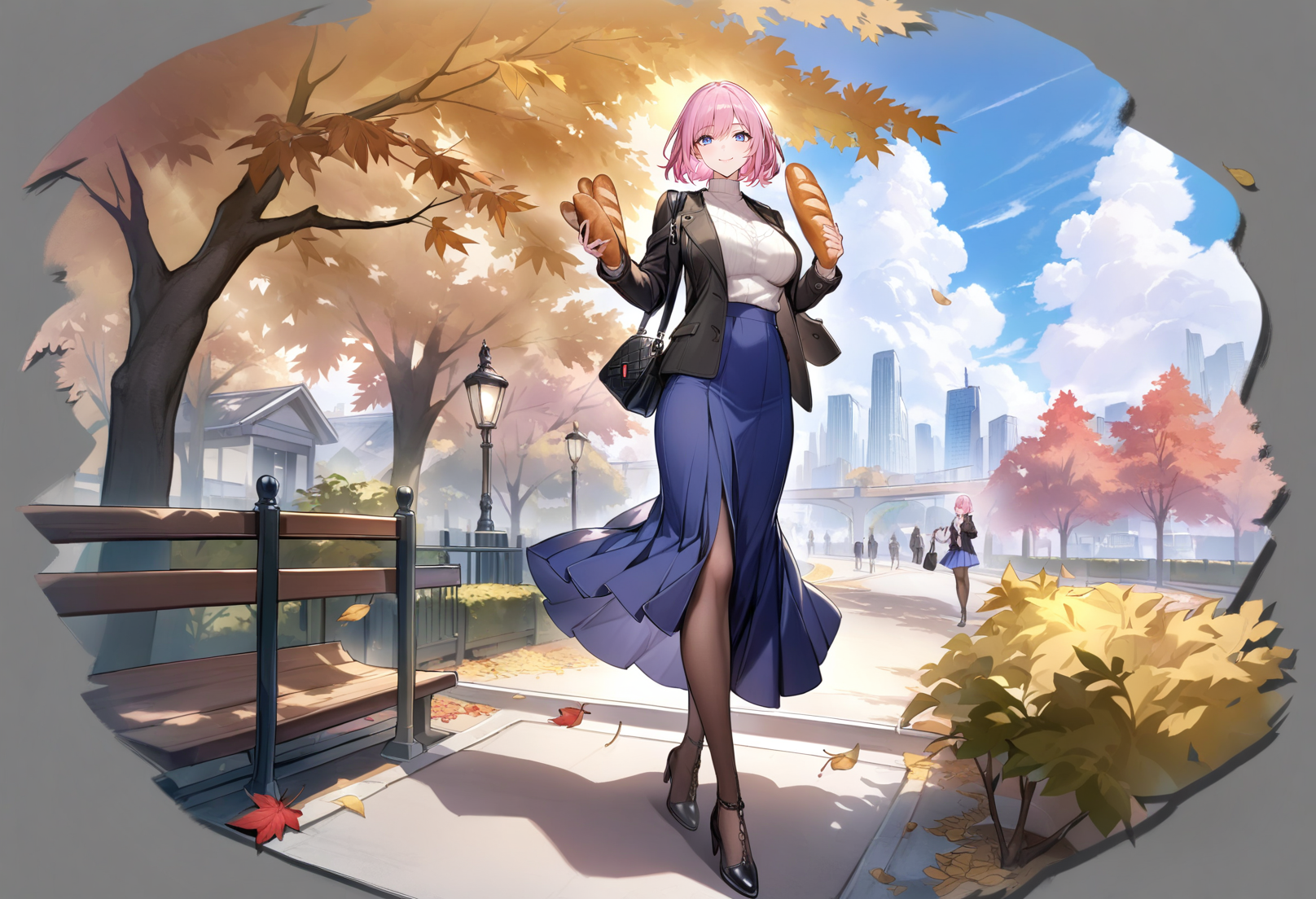 grey background, masterpiece, best quality, <lora:GachamiHoYoXL_ANI31_lokr_V42310:0.95> 1girl, solo, food, bread, skirt, jacket, short hair, long skirt, black jacket, blue eyes, breasts, pink hair, outdoors, large breasts, black footwear, looking at viewer, open clothes, bag, open jacket, pantyhose, full body, tree, sky, standing, smile, holding, baguette, day, blue skirt, sweater, cloud, blue sky, leaf, closed mouth, long sleeves, shirt