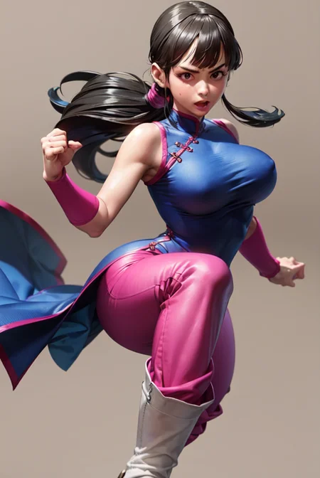 (masterpiece, best quality:1.2), 1girl, solo, chichi, dragonball, wristband, long hair, ponytail, black hair, blunt bangs, sidelocks, black eyes, chinese clothes, china dress, large breasts, sleeveless, pink pants, boots, fighting stance, simple background<lora:CHICHI-11:0.8>