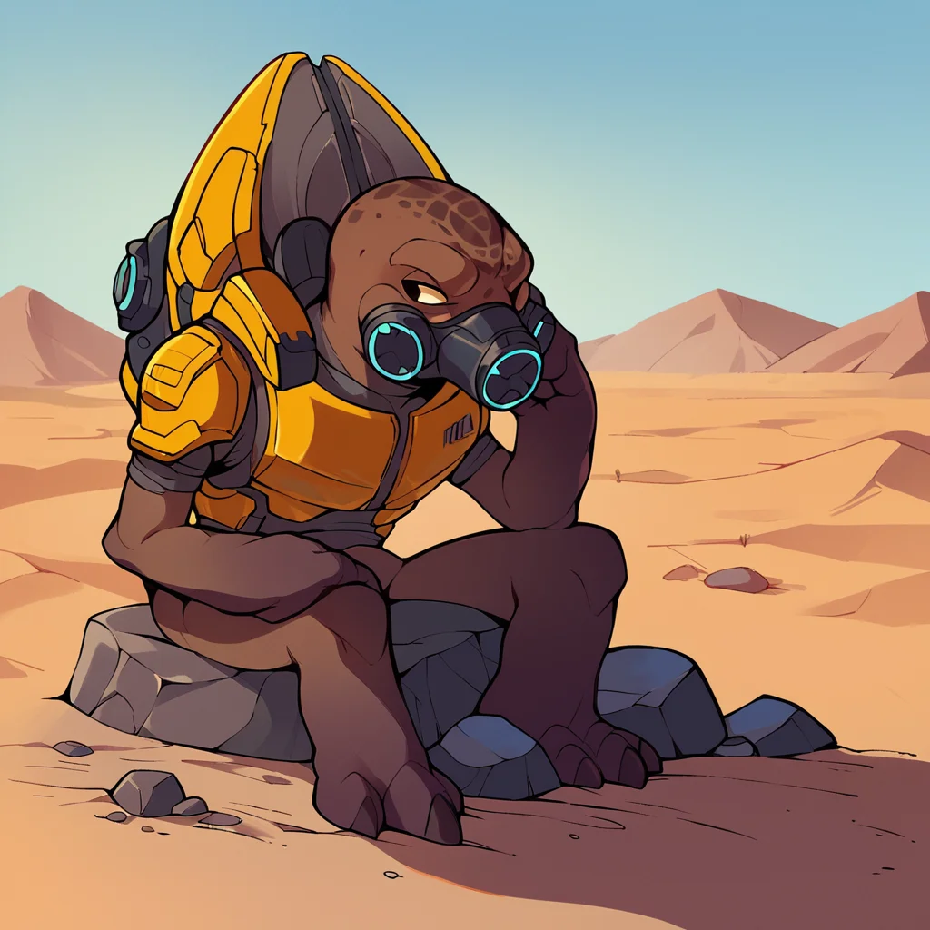 score_9, score_8_up, score_7_up, score_6_up, score_5_up, score_4_up, halogrunt, 1boy, lizard, alien, sitting on rock, head rest, desert, leaning forward,   yellow armor, backpack, full body,  gas mask, <lora:HaloGruntPonyV2-03:1>