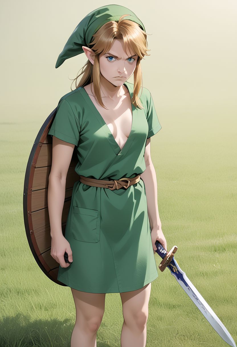 score_9, score_8_up, score_7_up, zPDXL, photorealistic, masterpiece, BREAK genderswap \(mtf\), link, solo, 1girl, small breasts, green hat, looking at viewer, long hair, nude, serious expression, green tunic, holding sword, holding shield, large grassy field.