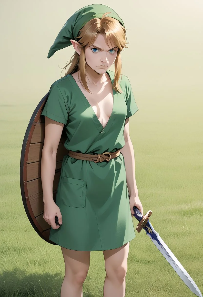 score_9, score_8_up, score_7_up, zPDXL, photorealistic, masterpiece, BREAK genderswap \(mtf\), link, solo, 1girl, small breasts, green hat, looking at viewer, long hair, nude, serious expression, green tunic, holding sword, holding shield, large grassy field.