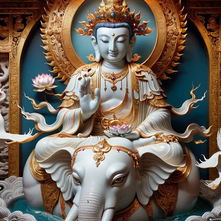 <lora:SDXLä½åæ®è³¢è©è©:1>,Images,A compassionate and wise-looking bodhisattva statue with a serene and tranquil expression,eyes full of mercy,smiling lips,and calm eyebrows. The bodhisattva is in a graceful and peaceful posture,could be sitting in meditation signifying inner enlightenment,or standing actively symbolizing the effort to save sentient beings. Include intricate hand gestures like Abhaya Mudra,Dhyana Mudra,and Dharmachakra Mudra with their specific meanings. The bodhisattva is dressed in elegant,ornate garments such as silk robes and jeweled adornments,symbolizing nobility and purity. Accessories like a Five Buddha crown,earrings,and necklaces should have symbolic significance. Accompanied by various ritual implements like a lotus flower,a treasure vase,a Dharma wheel,and scripture scrolls,representing the teachings and the compassionate will to save others. The background features a throne,auspicious clouds,and a halo,creating an atmosphere of transcendence and sacred dignity. The color palette is vibrant yet harmonious,reflecting the peace and beauty of the Buddhist realm. The style should reflect the flowing lines and vivid imagery of Han Buddhist bodhisattvas,with the rich colors and intricate decorations of Tibetan Buddhist representations.,, Golden Palace, Exotic Treasures, Chinese dragon, fairyland, colorful sky, strange lotus flowers bloom , surrounded by crystal clear gems, colorful pool, golden path, birds and animals, white cranes and peacocks, emitting different colors of light, surrounded by curtains and railings made of seven different gemstones. Ancient oriental pavilions were also built with jewels such as gold, colored glaze, and onyx. jewels Trees, colorful petals, Guido Daniele's hand
