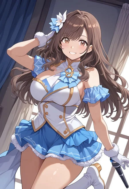 score_9, score_8_up, score_7_up, source_anime,mogudan,1girl,alone,smile,close moutch,shiny_clothes,shiny_skin,perfect hands,five fingers,1 girl,tsukiokakogane,long hair,brown hair,brown eyes,brown eyes,large breast,hans on behind hair,angle down,boots, white gloves, blue skirt, fur trim, white shoes, microphone, blue ribbon,tsukioka kogane