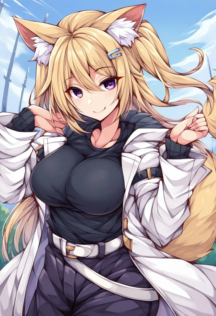 imagawastyle, score_9, score_8_up, score_7_up, score_6_up, solo, source_anime, 1girl, outdoors, looking at viewer, purple eyes, animal ears, animal ear fluff, blonde hair, hair ornament, hairclip, large breasts, tail, jacket, white jacket, long sleeves, open clothes, open jacket, shirt, black shirt, jewelry, belt, dynamic pose, smile,