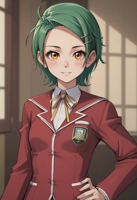 score_4,score_5,score_6,score_7_up,score_8_up,score_9
((masterpiece,best quality,ultra detailed,highres,HD,4k:1.2)),
(small breast:1.2),1 cute girl,solo,
Erika,lime green hair,very short hair,orange eyes,((hairpin)),parted bangs,
school uniform, red cardigan, black miniskirt,