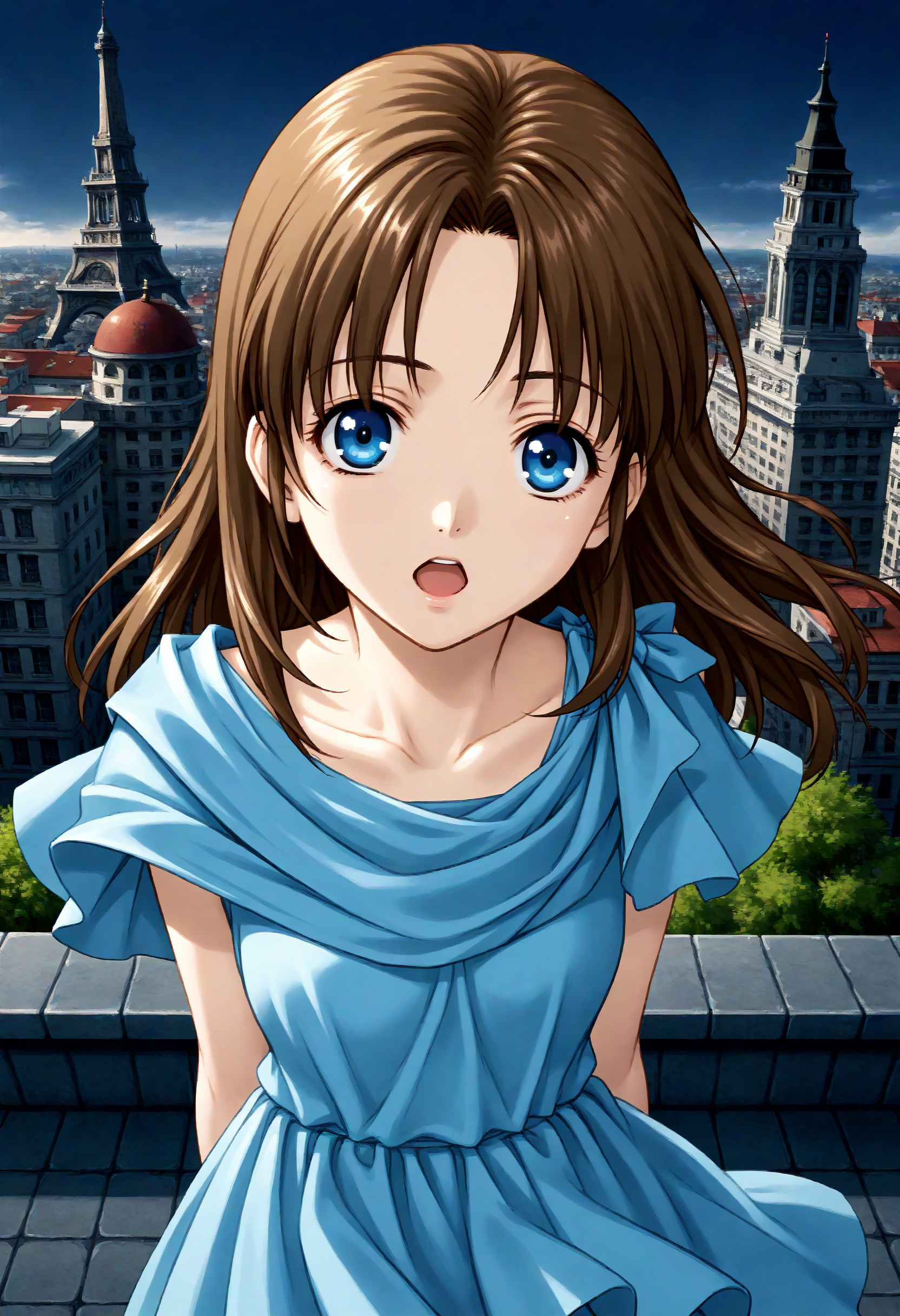 1girl, lilia (ys) , ys ii, <lora:lilia_Pony_v1:0.5>
solo, brown hair, long hair, blue eyes, blue dress,
from above, panorama shot, looking away, evil, Berlin city, open mouth,