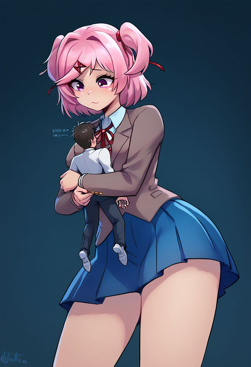 score_9, score_8_up, score_7_up, score_6_up, 1girl, 1boy, duo, natsuki, pink hair, pink eyes, two side up, x hair ornament, blazer, neck ribbon, collared shirt, blue skirt,  larger_female, giantess, smaller_male, size_difference, faceless male, BREAK, hug from behind
