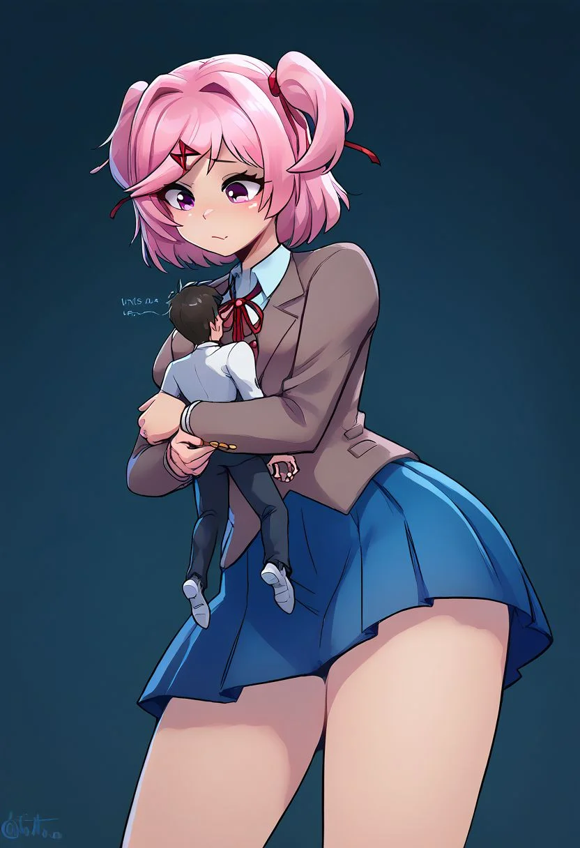 score_9, score_8_up, score_7_up, score_6_up, 1girl, 1boy, duo, natsuki, pink hair, pink eyes, two side up, x hair ornament, blazer, neck ribbon, collared shirt, blue skirt, larger_female, giantess, smaller_male, size_difference, faceless male, BREAK, hug from behind
