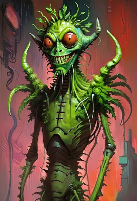 w4rh4mm3r style oil painting, grimdark, cybernetic ,
tall creepy celery man monster, lascivious smile