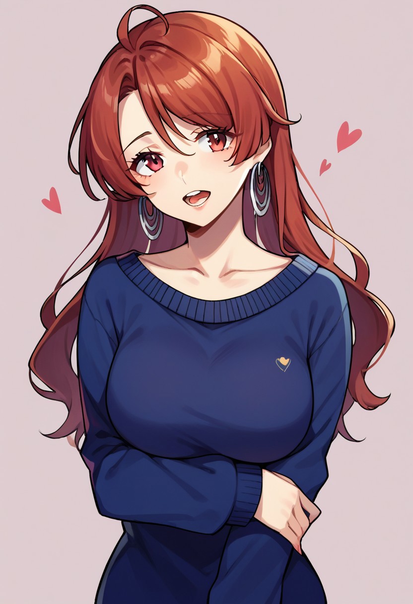 score_9, score_8, score_7, source_anime, ohtori aka, upper body, thighhighs, heart, high heels, hoop earrings, hand on own arm, boots, sweater, collarbone, open mouth