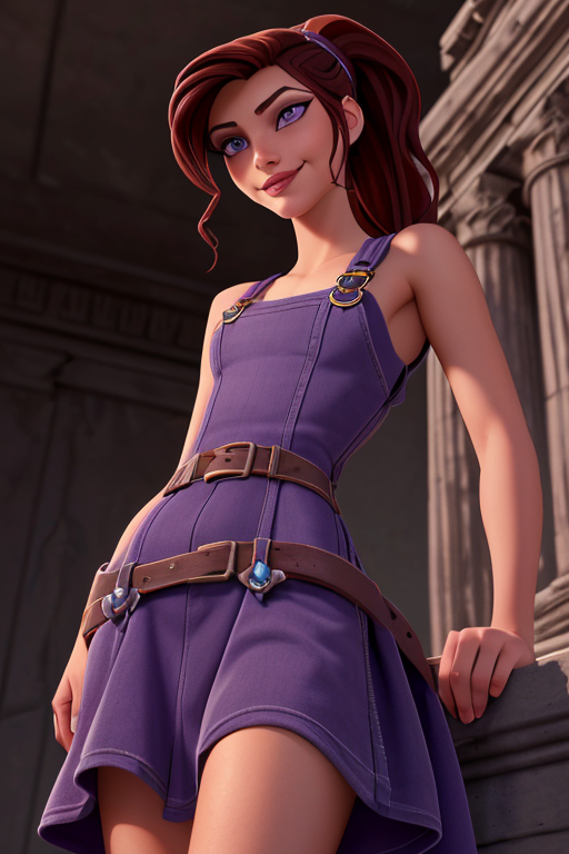 megherc, 1girl, lips, (long dark auburn hair:1.3), ponytail, purple eyes, eyeshadow, long greek purple dress, bare shoulders, detailed skin, detailed eyes, finely detailed hair, (standing, from below, presenting:1.7), gorgeous, detailed intricate face, photorealistic, intricate detail, athletic, (abs:0.2), (small demure smile), greek temple, (highly detailed background:1.1), sharp focus, volumetric lighting, subsurface scattering, (OverallDetail:1.2), EyeDetail, HairDetail, <lora:megara_v1-04:0.44> <lora:detail_slider_v4:0.8>