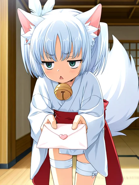 <lora:il-ruri-tenshin-rurikami-000009>,il-ruri-tenshin,1girl,rurikami outfit,silver hair,solo,japanese clothes,short hair,side hair ornament is feathers tied on green spherical,miko,animal ears,green eyes,white wrap-style japanese clothes with visible skin,neck bell chocker,oversized white kimono sleeves,waist bowtie removed,(red tabi with large golden bell cloth end),exposed thighs,white bandages around the thighs,short white fudonshi,short white fudonshi,fluffy tail,black sole geta with white socks,
masterpiece,best quality,newest,absurdres,highres,detailed eyes,beautiful,detailed background,perfect eyes,anime coloring,anime screencap,
<lora:add-detail-xl:1>,<lora:ponyv4_noob1_2_adamW-000017:0.8>,wear clothes,
1girl,solo,
<lora:incoming_letter_ilxl:1>,incoming letter,hand holding love letter,leaning forward,give you love letter,blush,cowboy shot,
jitome,:<,triangle mouth,looking at another,open mouth,tsundere,