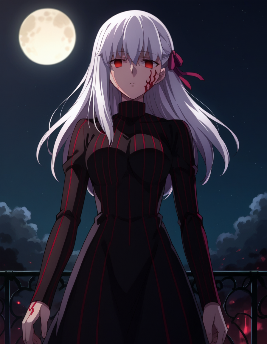 score_9, score_8_up, score_7_up, source_anime,
sakuramatou, <lora:sakura-matou-hf-ponyxl-lora-nochekaiser:1>,
sakura matou, long hair, red eyes, white hair, hair ribbon, empty eyes, dark persona, corruption,
dress, black dress, turtleneck, striped, long sleeves,
outdoors, moon, night, night sky, clouds,
looking at viewer, dutch angle, cowboy shot,
